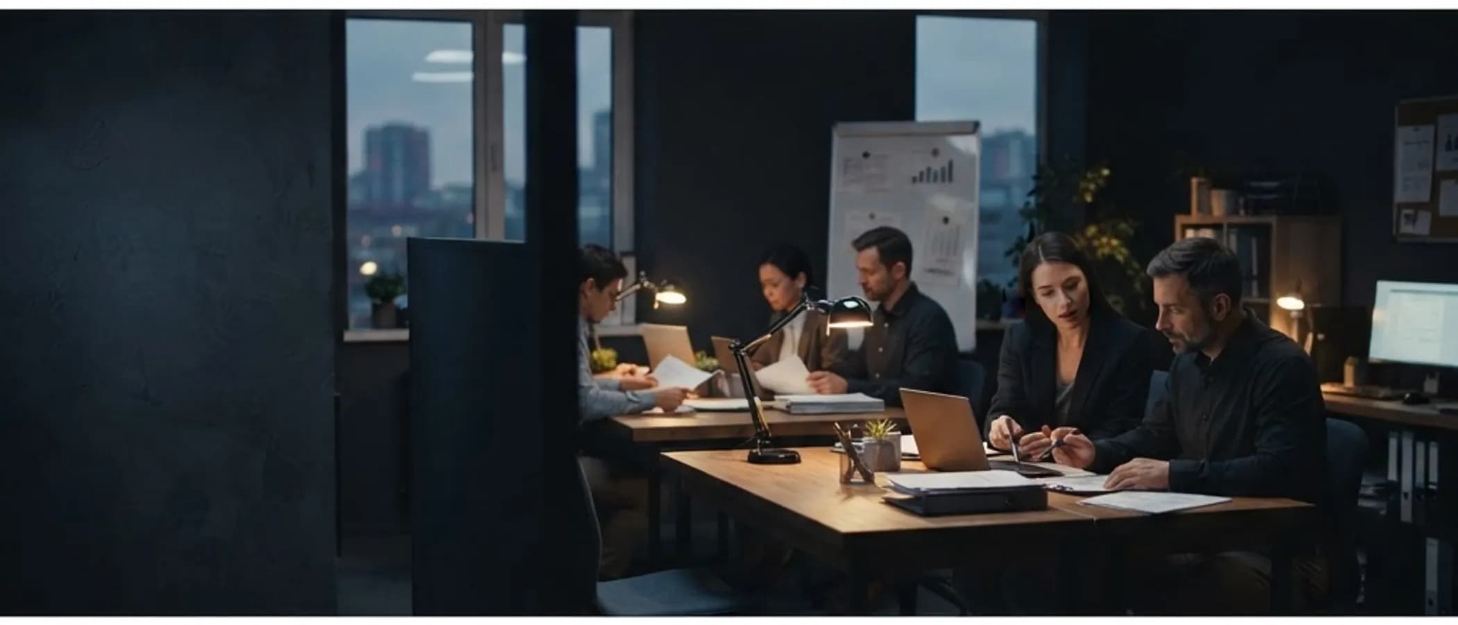 Ambiente contábil em atividade contínua ao entardecer, com a equipe trabalhando de forma constante