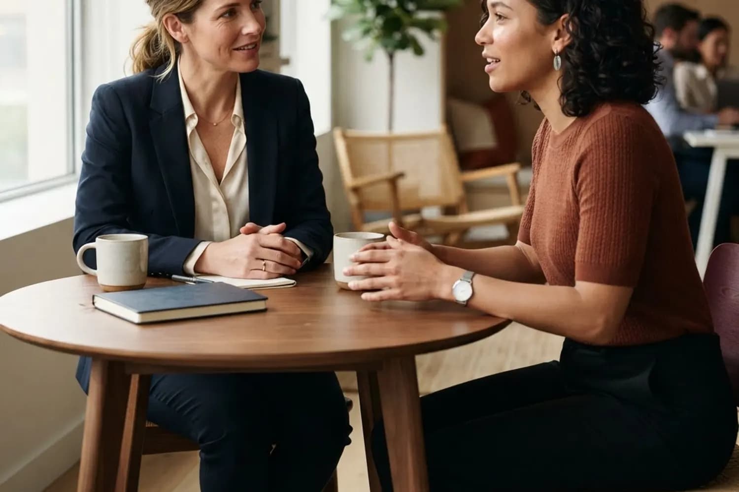 Consultor e representante da empresa em conversa próxima e atenta sobre uma situação de trabalho