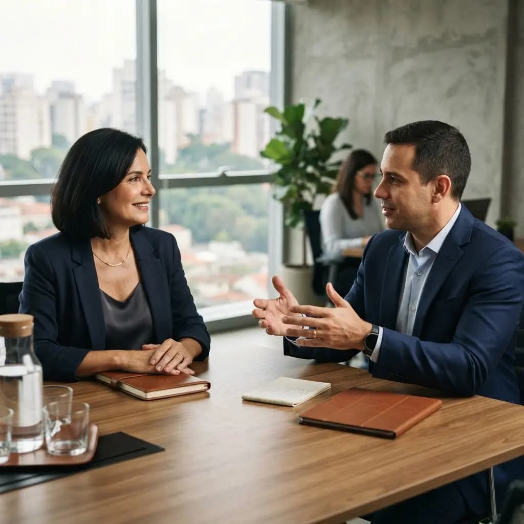 Conversa profissional entre responsável pela empresa e consultor, analisando uma situação sobre a mesa