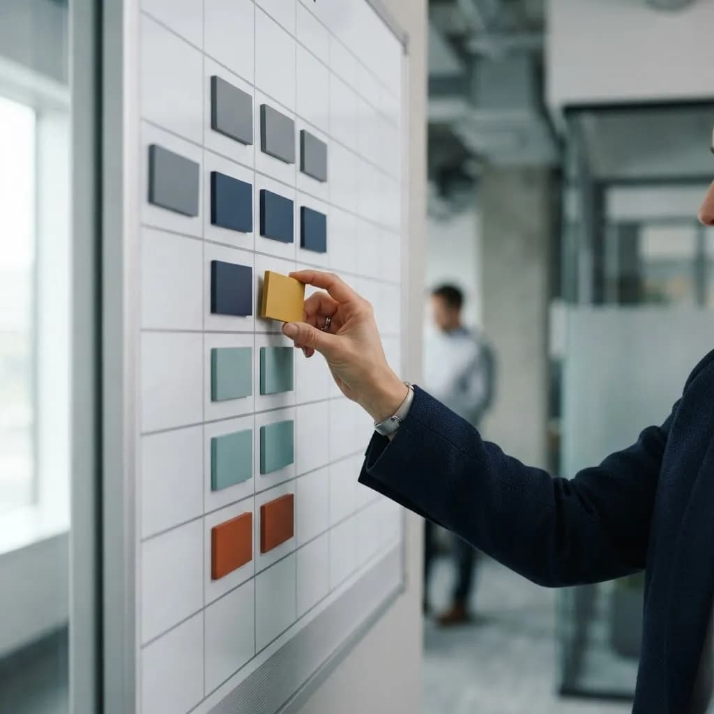 Mão organizando blocos coloridos em um quadro de planejamento de turnos, sem texto legível
