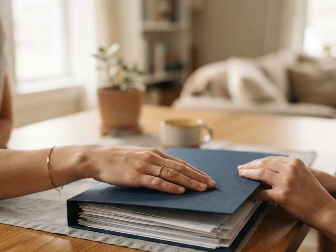 Mãos fechando uma pasta de documentos organizados sobre uma mesa.
