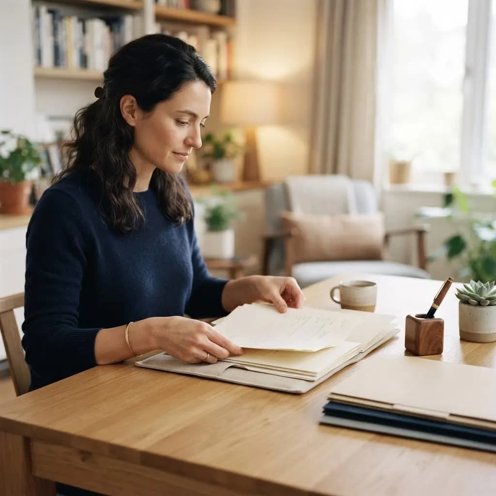Pessoa organizando documentos e pastas sobre uma mesa contemporânea, com luz natural.