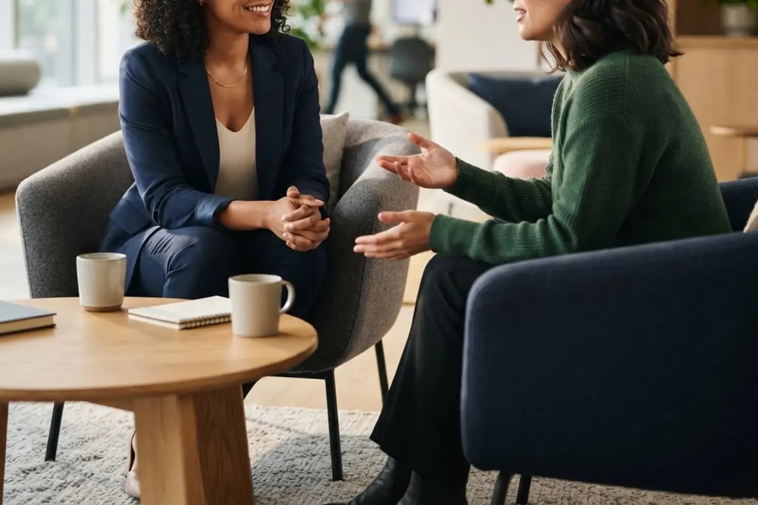 Duas pessoas em uma conversa real em um ambiente de trabalho contemporâneo