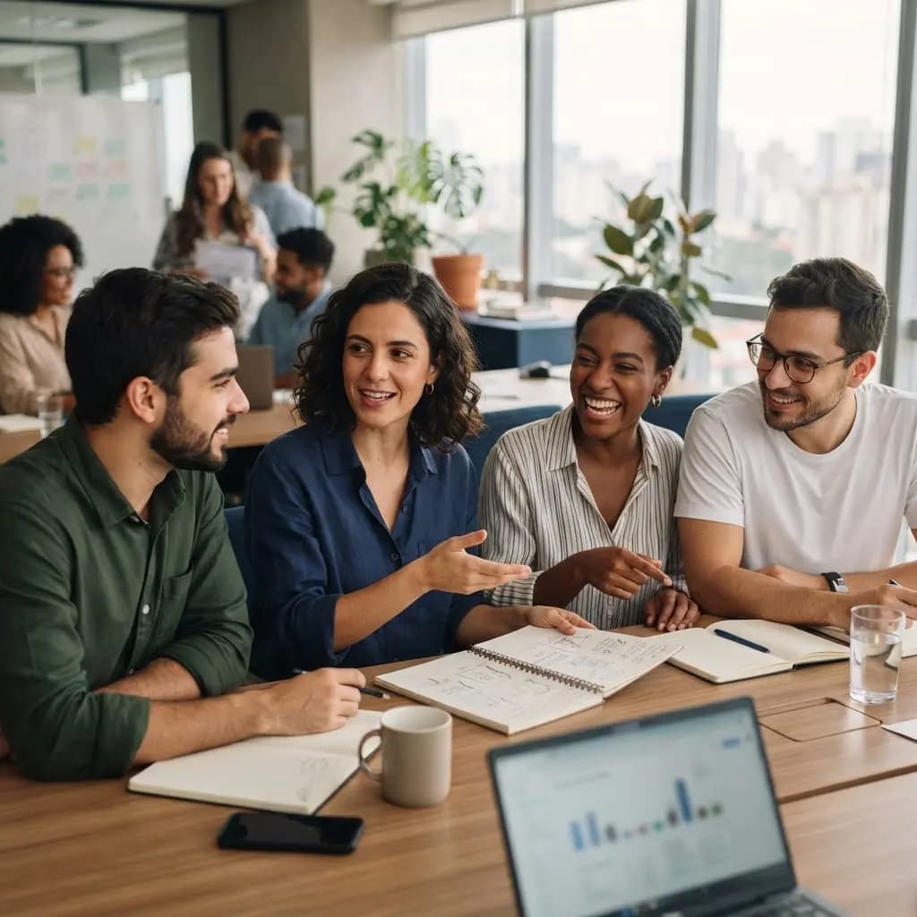 Conversa entre liderança e colaborador junto a uma mesa de trabalho