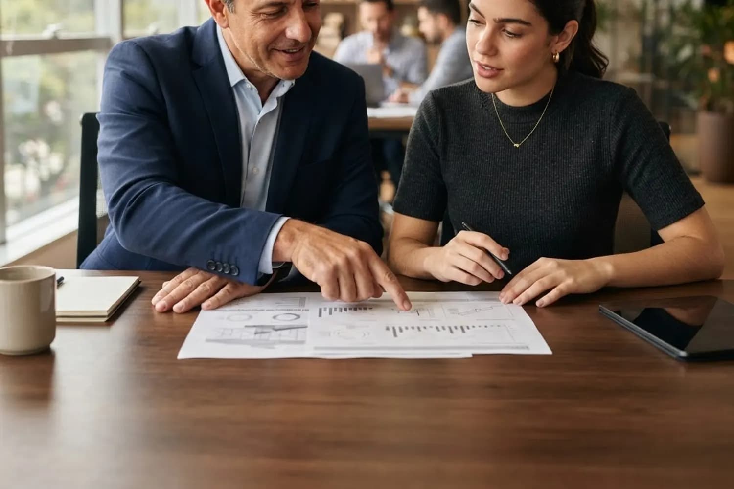 Dois colegas discutindo uma alteração sobre um caderno aberto