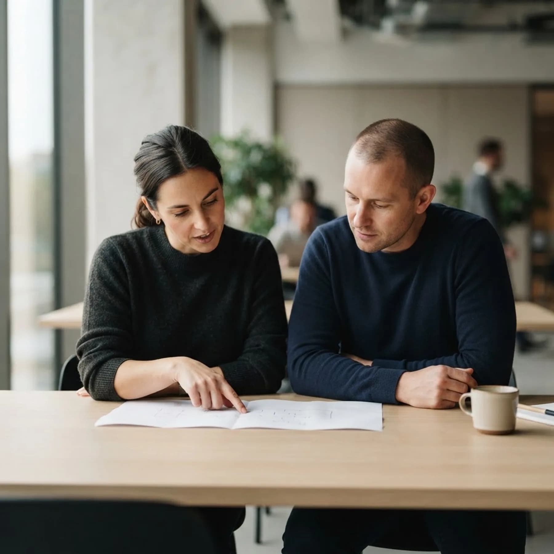Duas pessoas lado a lado revisando juntas um plano de próximos passos sobre a mesa