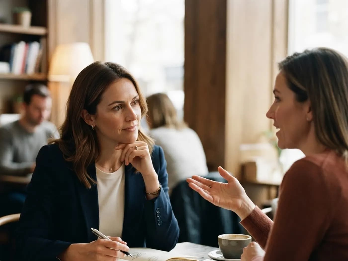 Conversa de alinhamento entre duas pessoas sobre materiais impressos
