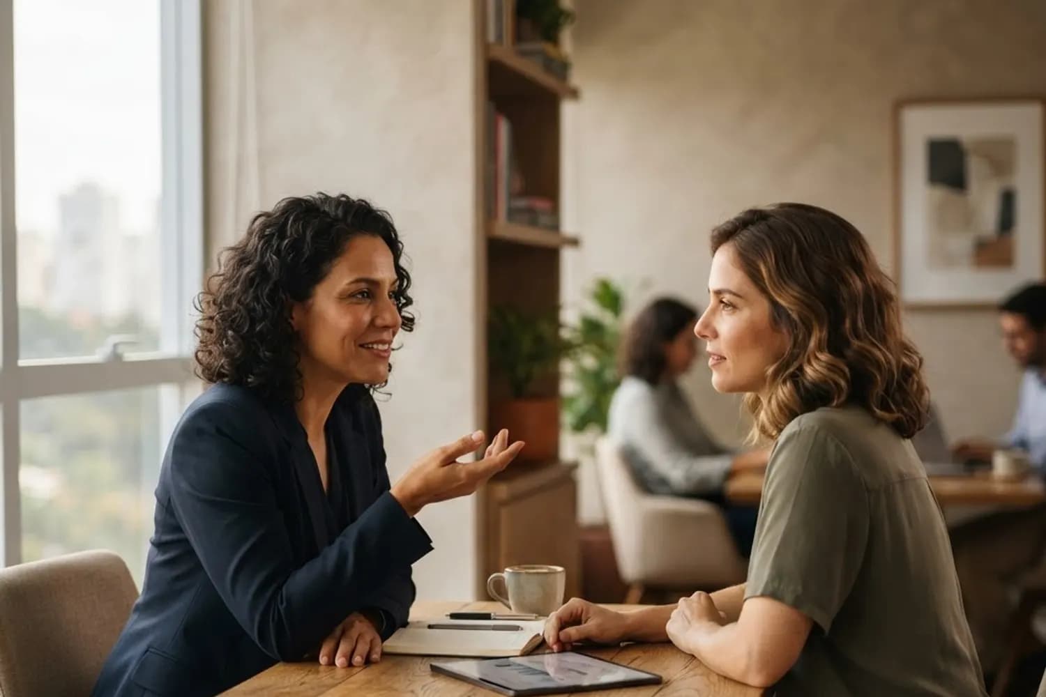 Conversa consultiva entre uma profissional da NCA e uma empresária, sentadas frente a frente.