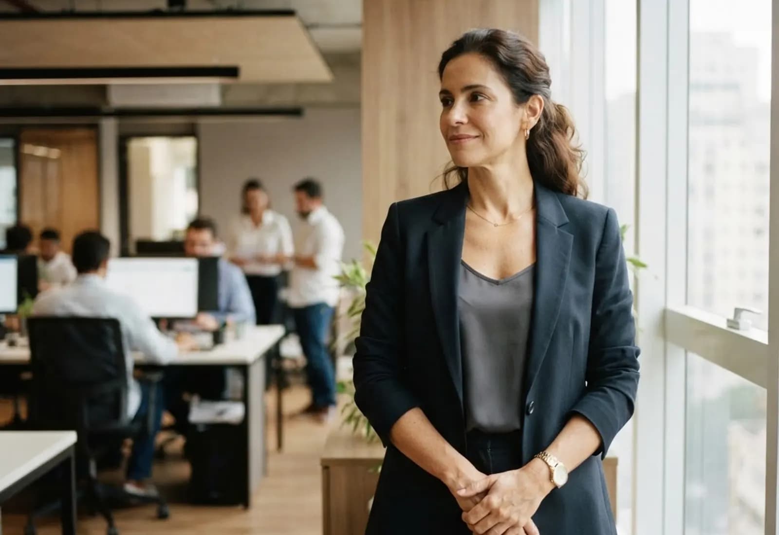 Empresária acompanha, com tranquilidade, a rotina de um escritório contemporâneo em movimento.